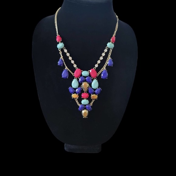 Multi Color Stones Faux Diamonds Gold Color Chain Fashion Necklace - Picture 3 of 12